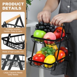 CHPHI 2 Tier Fruit Basket for Kitchen, Metal Fruit and Vegetable Storage Stand, Detachable Metal Rectangle Basket Storage, rust-Proof Fruit Holder for Vegetables, Bread, Toiletry, Black