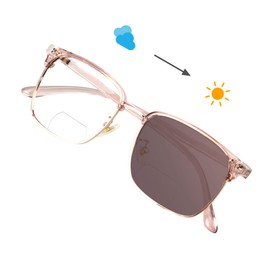 VisionGlobal Bifocal Reading Glasses, Photochromic Dark Brown Sunglasses for Men/DownWomen, Classic Retro Square Eyewear Reduce Fatigue (Pink, Up+0.00/Down+2.00 Magnification)