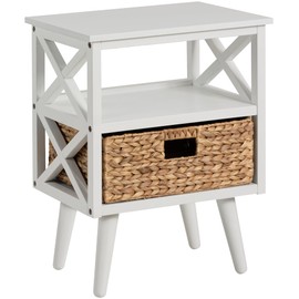 eHemco X-Side Mid-Century Nightstand End Table with Storage Shelf and Wicker Basket, White