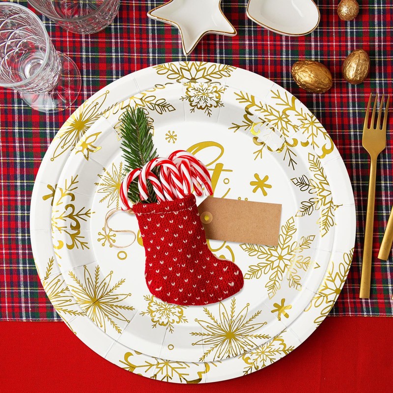 JarThenaAMCS 50Pcs Christmas Paper Plates Set Gold Foil Snowflake Disposable