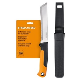 Fiskars - Cuchillo de cosecha con borde dentado, herramienta de mano de jardinería con hoja de punta plana y vaina, perfecto para tallos gruesos y tal