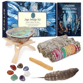 Nutgun Sage Smudge Kit - 2 White Sage Sticks, 1 Chakra Sage Stick, Palo Santo, Abalone Shell, Stand, Smudging Feather, 7 Chakra Stones & Guide ~ Sage Incense Sticks for Cleansing House & Meditation