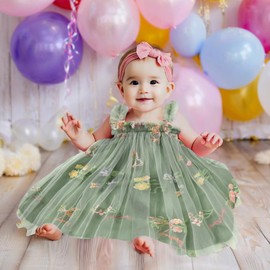 GRNSHTS Toddler Baby Girls Tutu Dress Sleeveless Floral Print Layered Tulle Dress Little Girl Princess Dresses with Flower Headband (Green#1, 18-24 Months)