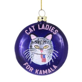 Cody Foster & Co. 3.5" Cat Ladies for Kamala Glass Ornament – Purple Political Holiday Decoration – Tabby Cat with American Flag Detail