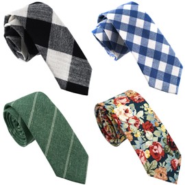 ZENXUS Cotton Skinny Ties for Men, 2.5 inch Slim Casual Neckties, Plaid, Stripe, Floral and Solid Ties Assorted, 4-Pack
