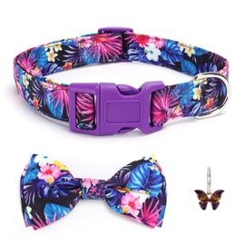 Coralup Dog Floral Collar with Bow Tie Birthday Comfortable Cotton Dog Collar Bowtie Adjustable Cute Medium Collar for Girl Boy Dog, M, Neck 13-20in,Purple