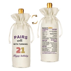 TBITON 21st Birthday Wine Bag, Happy Birthday Decor Wine Bag Gift for Women Men, 21 Years Old Party Decoration Gifts - Cotton linen drawstring wine bags (Beige-21st)