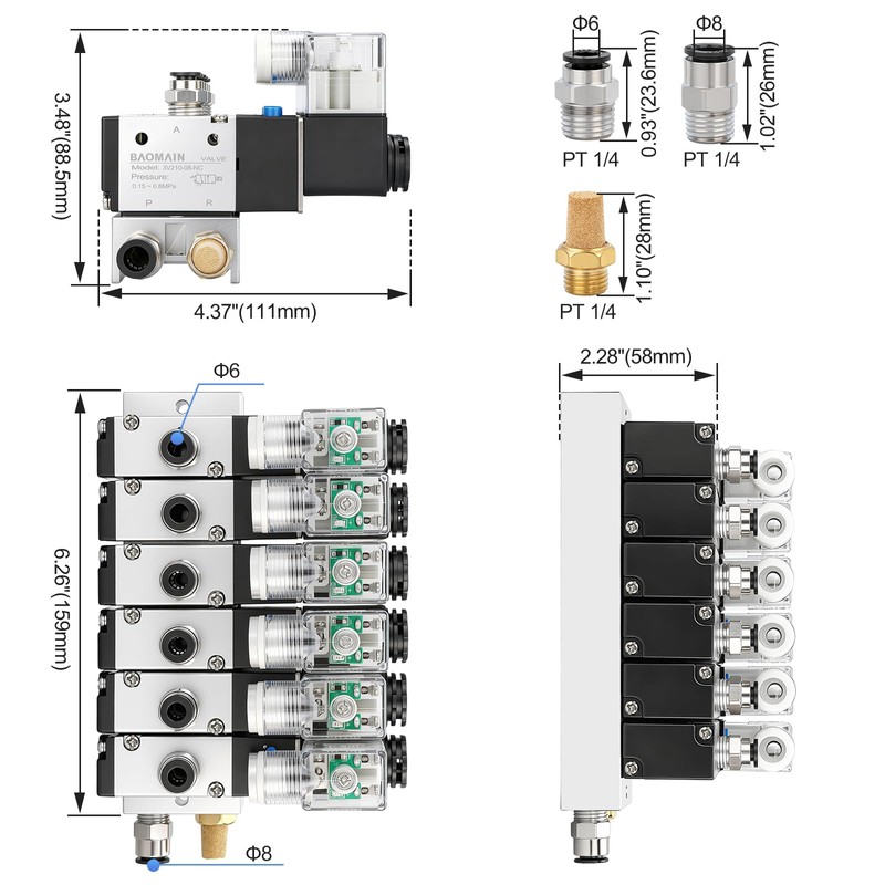 Baomain 6 Station Solenoid Valve Manifold, 12V DC 3 Way