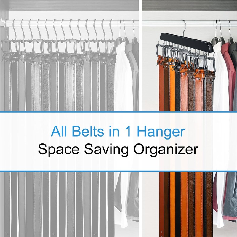 Belt Hanger for Closet Max 42 Belts, Sturdy Wood Belt