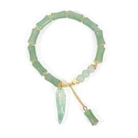 Natural Green Jade Bamboo Beaded Bracelet, Gold Butterfly Charm (19cm with 5cm Extension Chain) Girls bracelet