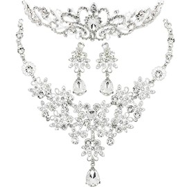A's Tool Bridal Tiara, Necklace, Pierced and Clip-on Earrings 3-Piece Set, Wedding Jewelry, for Brides, Beauty Pageants, School Festivals, Recitals, Stage Accessories, Rhinestone