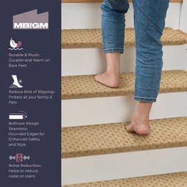 MBIGM Bullnose Non-Slip Stair Treads with Reusable Adhesive - 14 Pack 9.5" x 30" Wooden Steps Protection - TPU Backing with Steel Reinforcement - Anti-Slip Solution Lattice Camel Stair Carpet Treads