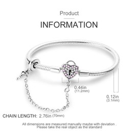 Venitor Heart Shaped Key and Lock Silver with Cubic Zirconia Charms Bracelet for Women - Fit Any Charm Gift for Women 7.9inch