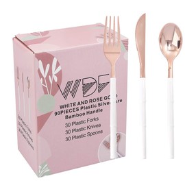 WDF 90Pieces Rose Gold Plastic Silverware - Rose Gold Plastic Cutlery with White Handle- Heavy Duty Plastic Silverware Include 30Forks, 30 Spoons, 30 Knives for Wedding, Party, Thanksgiving