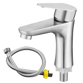 Cold Water Tap Stainless Steel Cold Water Tap with 80 cm Connection Hose, Tap Cold Water Bathroom Washbasin Tap Guest Toilet Single Lever Tap for Bathroom Guest Toilet