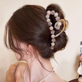 Rannyrena Elegant Large Pearl Crystal Butterfly Claw Clip for Women Thin Thick Curly Hair Cute Leopard Print Bow Strong Hold Hair Accessories (Champagne camellia flower pearl crystal (Pack of 5))