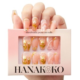 Hanakoko Handmade Press-On Nails, Floral Designs with Glitter and Pearls, Coffin Shape Press-on Nails Reusable 10 Pcs (Tsuki, S)
