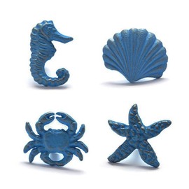 Primst Beach Ocean Theme Cast Iron Drawer Knobs, Sea Horse Starfish Crab and Seashell Cabinet Handle Pulls for Drawer, Door, Dresser, Cupboard, Pack of 4 (Blue)