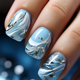 Square Press on Nails Short Fake Nails Blue Summer Nails Press ons with Cute Blue White Sea Waves Gold Foil Designs Glue on Nails Reusable Stick on Nails for Finger Manicure 24 Pcs