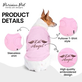 Parisian Pet Dog Tshirt - Embroidered “ Lil Angel “ Dog Shirt - 100% Cotton, Lightweight Puppy Clothes Female - Sleeveless Pink Dog Tee Shirts - Dog Shirts for Small Dogs Girl - S