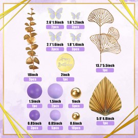 Decoración bohemia para tartas de feliz cumpleaños con bolas, mariposas, eucalipto para bodas, baby shower, niños, niñas, suministros para fiestas temáticas de cumpleaños (morado)