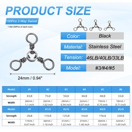 PATIKIL 3 Way Swivel Fishing Tackle #4/#5/#6 46LB/40LB/33LB, 150Pcs Stainless Steel Cross Line Swivels Trolling Lure Connector Three Way Fishing Rigs for Saltwater Freshwater Catfish