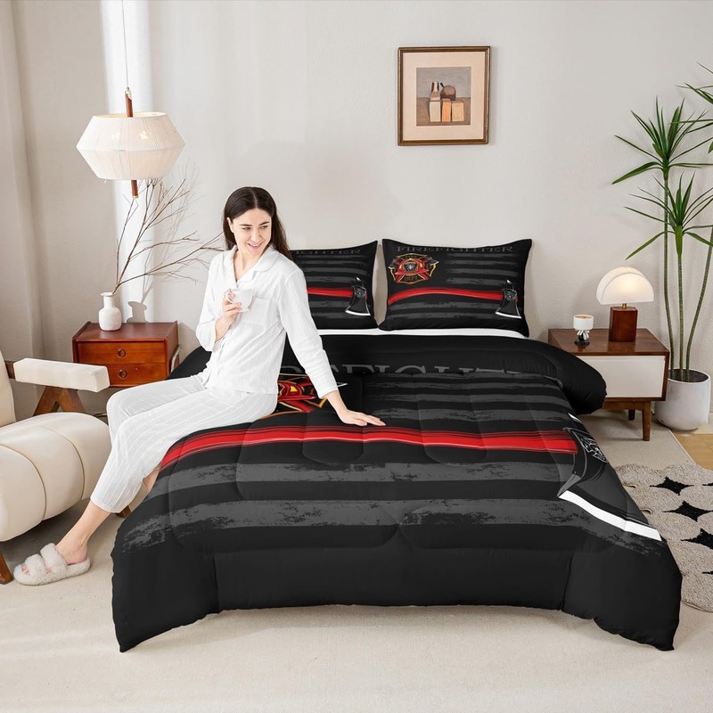 Firefighter Comforter Set Queen Size,American Flag Geometric Stripes Bedding Set,Boys