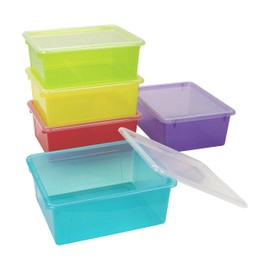 Storex Letter Size Deep Storage Tray – Organizer Bin with Non-Snap Lid for Classroom, Office and Home, Assorted Tints, 5-Pack (62550B05C)