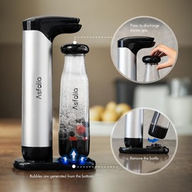 Asfolia Sparkling Water Maker, Carbonates Any Drinks, Soda Maker with 2x 1L Carbonating Bottles, Compatible 60L CO2 Cylinders (Not Included), Enhances Flavor, Easy-to-Clean Soda Machine (Silver)