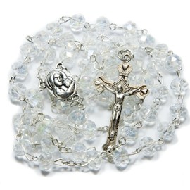 Glass Crystal CLEAR BEADS With SILVER PLATED ROSARY CROSS and HOLY LAND SOIL MARIA ICON …