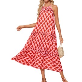 Women's Maxi Boho Dress Casual Summer Sleeveless Loose Long Floral Sundresses Flowy Halter Tiered Beach Vacation Orange L