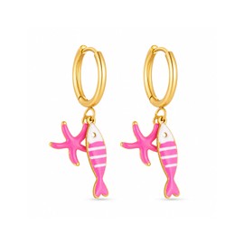Fish Earrings For Women, Boho Tropical Stainless Steel Sea Life Starfish Enamel Dangle Hoop Earring Hypoallergenic Summer Ocean Themed Dopamine Jewelry Gift (Red Fish Starfish)
