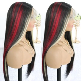 MACA BAKA Black Skunk Stripe Blonde Highlight Red Synthetic Lace Front Wig Glueless Long Straight Mixed Red Black Colored 13x4 Lace Front Wigs for Women Pre Plucked with Baby Hair 24 Inches