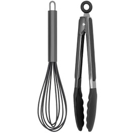 Country Kitchen Stainless Steel Silicone Tipped Kitchen Food BBQ and Cooking Tongs for Non Stick Cookware, BPA Fee, Stylish, Sturdy, Locking, Grill Tongs, Gunmetal, Tong and Whisk Set, Black