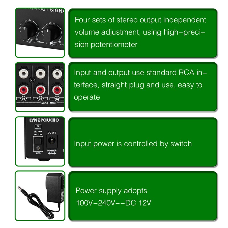 LYNEPAUAIO 1-in-4-out Stereo Audio Amplifier Amp Signal Distributor 1 Channel