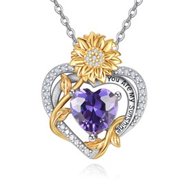 AENEAS You Are My Sunshine Necklace Sunflower February Birthstone Necklaces Sterling Silver Heart Amethyst Pendant Jewelry Women Gift for Birthday Mothers Day Christmas Anniversary