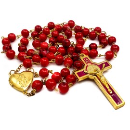 Nazareth Store Red Coral Beads Rosary Necklace Catholic Saint Benedict Chaplet Heart Locket Medal & Cross Religious Amulet for Women and Men - Velvet Bag