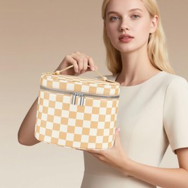 UUYUUY Makeup Bag Vanity Case Cosmetic Bag with Removable Divider Travel Toiletry Bag for Women Portable Make up Box Organizer, Beige and White