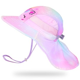 Kids Sun Hat UV Protection Unicorn Summer Beach Play Hats Wide Brim Neck Flap for Girls Boys, Pastel Pink Yellow, 3-24 Months
