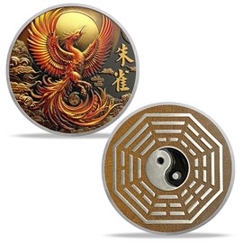 Vermilion Bird Challenge Coin - Chinese Zhu Que with Yin-Yang and Bagua Symbol - Symbol of Renewal, Protection, and Harmony in Eastern Philosophy