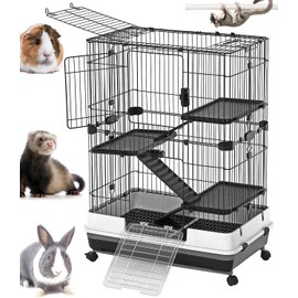 X-Large 4-Floor Indoor Small Animal Pet Habitat Cage Playpen Guinea Pig Ferret Chinchilla Rabbit Cat Kitten Paw Safe Solid Platforms Ramps Easy Clean Leakproof 2-Inch Deep Litter Tray Rolling Casters