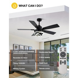 Large Modern Ceiling Fans with Lights and Remote DIY Rings 6 Speed Reversible Quiet DC Motor Chandelier LED Ceiling Fans for Bedroom, Living Room (Black, 52 Inch)