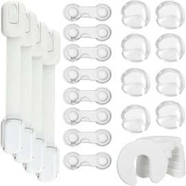 Kit de seguridad para bebe en casa Paquete completo de cerraduras para muebles y cajones, seguros para tope de puerta y protectores de esquinas mesas bebes y niños safety en casa (25 Piezas)