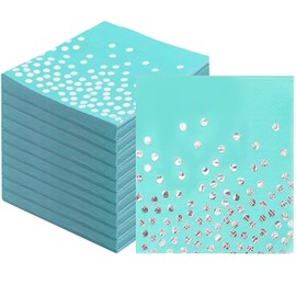 100 servilletas de punto verde azulado y plateado, suministros de fiesta de color verde azulado y plateado, servilletas desechables de punto azul para bodas, decoraciones de cumpleaños de graduación