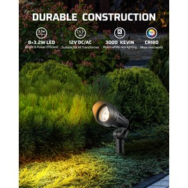 DEWENWILS 12V Landscape Lighting kit, 1x60W Transformer with Timer+8x3.2W Aluminum LED Low Voltage Landscape Spotlight Lights, 100FT Wire+8 Pack Connector for Patio Yard Garden