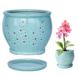 Orchid Pot 6.3 Inch, Orchid Pots with Holes & Saucer, Orchid Pot for Repotting, Beatiful Ice Cracked Glaze Ceramic Plant Pot Indoor Planter, Breathable Slotted Orchids Planter(Water Blue)