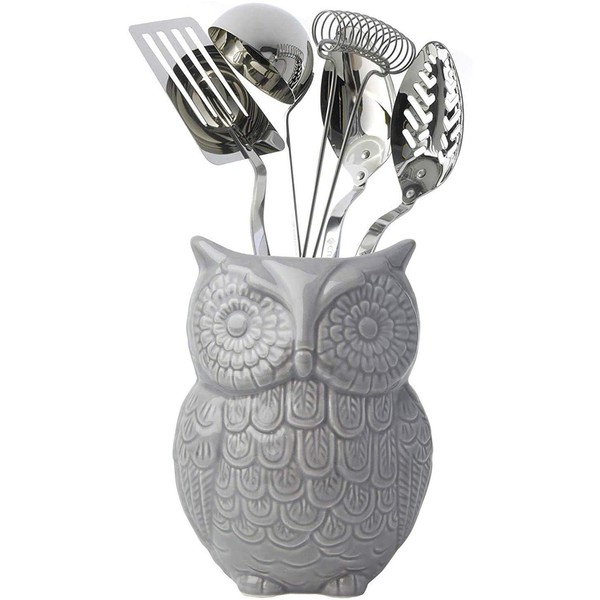 Comfify Owl Utensil Holder Decorative Ceramic Cookware Crock & Organizer, in Lovely Grey Color - Utensil Caddy and Perfect Kitchen Ceramic Décor Gift - 12.7 x 17.8 x 10.2 cm Size