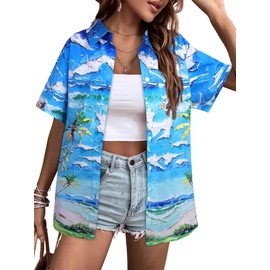 Hawaiian Shirt for Women 3D Palm Trees Printing Tees Hawaii Beach Button Down Shirts Summer Vacation Button Up Tops