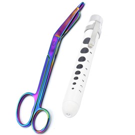 AAProTools Heavy Duty Reusable Penlight + Multi Rainbow Color Nurse Doctor Medical Lister Bandage Scissors Shears One Large Ring (White + Bandage Scissors 5.5")