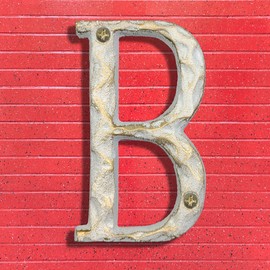 5 Inch House Letters - Cast Iron Home Address Letter - Solid & Heavy Duty/Easy Install with Matching Screws, Gold & White Finished Letter B